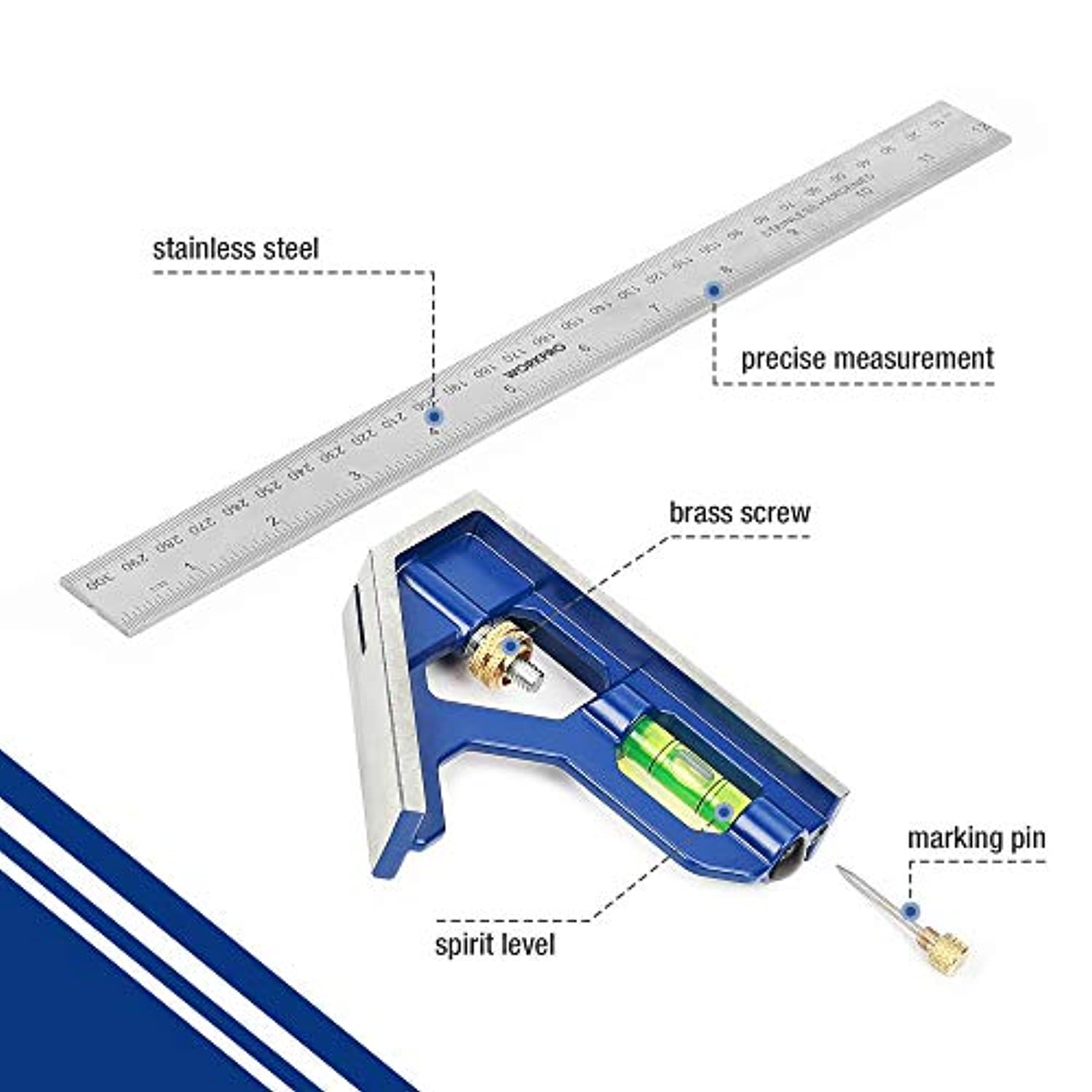 Squadra Combinata Regolabile WORKPRO - Righello Angolo In Acciaio 300mm Con Bolla - Foto 10