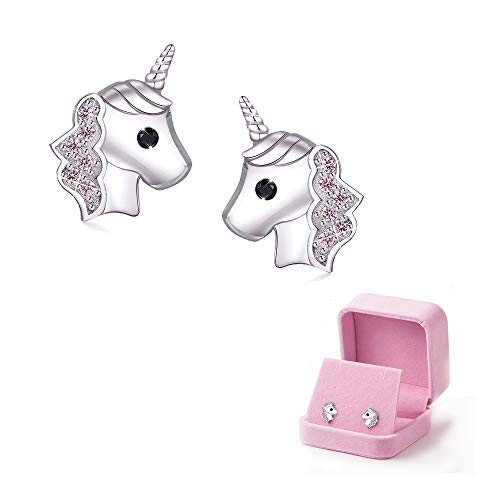Orecchini unicorno per ragazze, Rosa Argento 925 a bottone...