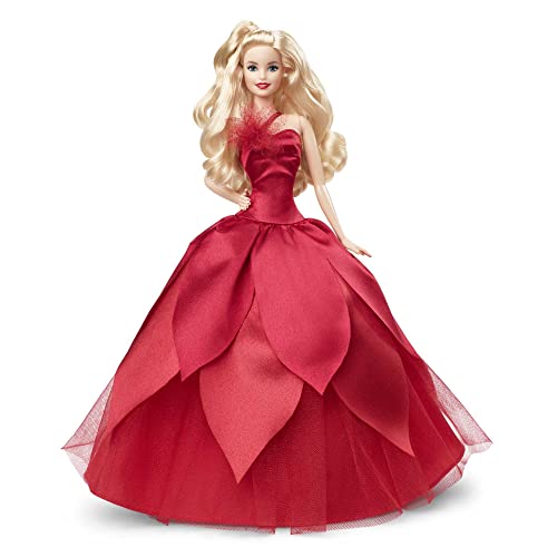 Barbie -  Barbie Signature Magia delle Feste 2022 bambola bionda, capelli ondulati, abito rosso con ampia gonna e orecchini pendenti, da collezione, Giocattolo e regalo per Bambini 6+ Anni, HBY03