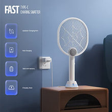 Carica l'immagine nel visualizzatore di Gallery, Buzbug Racchetta Zanzare Elettrica, USB-C Pieghevole Ammazza Zanzare Elettrico con Base di Ricarica, Doppie Modalità Mosquito Swatter con Potente Lampada Trappola per Zanzare