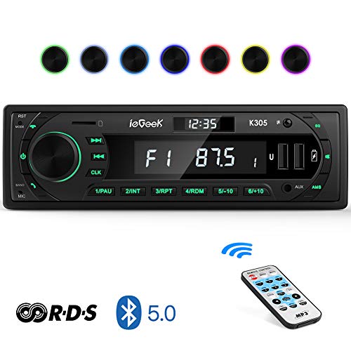 Autoradio Bluetooth RDS Stereo ieGeek, Luce dei Tasti a 7 Colori, 60WX4...