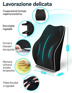 Travel Ease Cuscino Lombare Ergonomico, Supporto per la Schiena in Schiuma di Memoria per Seggiolino Auto Sedia da Ufficio, Schienale con Rivestimento Antistatico e Doppie Cinghie Regolabili, Nero