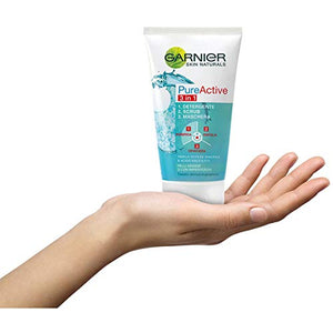 Garnier Skin Active Pure Active 3in1 Argilla, Pelli Miste - Con Imperfezioni Detergente + Scrub + Maschera, 150 ml
