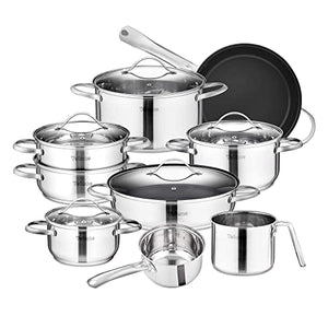 Velaze, Miki, 14 Pezzi, Set di Pentole Induzione da Cucina, Batteria Pentole Chef Casseruola in Acciaio Inox Cromato Coperchio in Vetro Temperato Padelle Antiaderente per Piastre a Induzione Argento