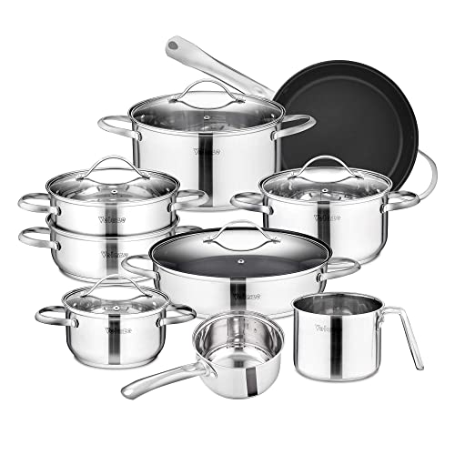 Velaze, Miki, 14 Pezzi, Set di Pentole Induzione da Cucina, Batteria Pentole Chef Casseruola in Acciaio Inox Cromato Coperchio in Vetro Temperato Padelle Antiaderente per Piastre a Induzione Argento