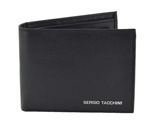 SERGIO TACCHINI Portafoglio Uomo In Vera Pelle, Nero, Sottile Con Nero Slim