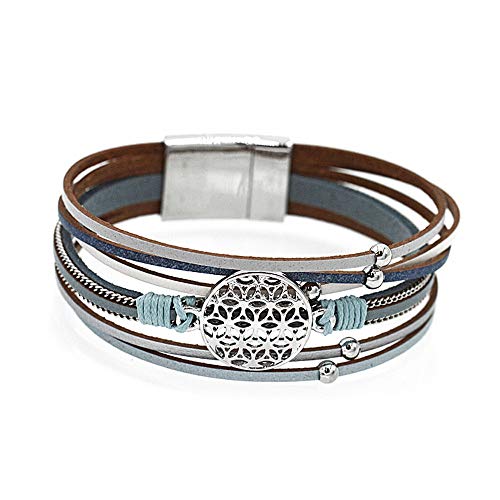 Claro Schmuck Bracciale in Pelle Fiore della Vita 20 cm Blu/Argento/Marrone... - Ilgrandebazar