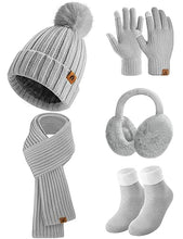 Carica l'immagine nel visualizzatore di Gallery, Niwicee Sciarpa Donna Invernale Cappelli Guanti Calze Set Guanti Touch Screen Invernali Winter Set Caldo Berretti Sciarpa Regalo Di Natale Plush Paraorecchie Per All'Aperto-Grigio-