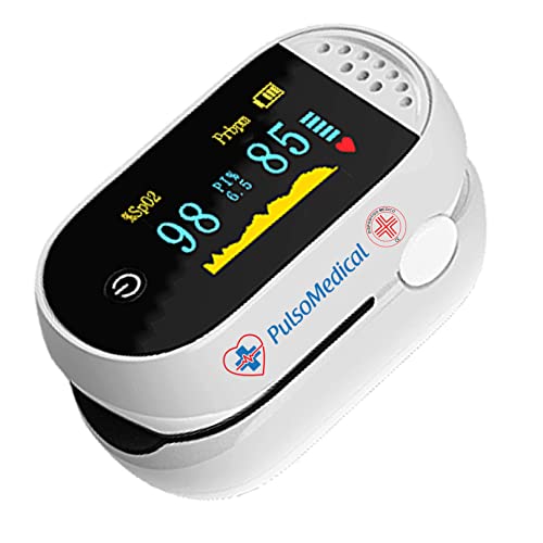 PulsoMedical Saturimetro da Dito Professionale Certificato CE, Pulsossimetro Ossimetro 4 Pile AAA OMAGGIO, Saturazione Ossigeno Sp02, Frequenza, Battito Cardiaco, Indice di Perfusione