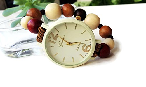 Orologio da polso bracciale elastico con perle legno marrone beige bordeaux... - Ilgrandebazar
