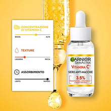 Carica l'immagine nel visualizzatore di Gallery, Garnier Siero Vitamina C Anti-Macchie, Illuminante e Rimpolpante, Arricchito con Vitamina C, Niacinamide e Acido Salicilico, Pelle Libera dalle Macchie Scure in 6 Giorni, Incarnato Luminoso, 30 ml