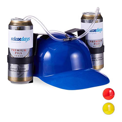 relaxdays Cappello Porta Birra, Elmetto con cannuccia, per 2 Lattine, Blu