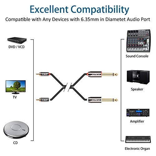 J&D Cable de 2x 6,35 mm a 2RCA, Chapado en Oro [Cáscara de Cobre] [Heavy Duty] 2 x 6,35mm 1/4'' Macho TS a 2 RCA Macho Estéreo Adaptador de Audio y Divisor