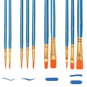 10 Pezzi Pennelli Acrilici - Brencco Nylon Artist Brushes, Set di Pennelli per Acquerelli ad Olio per Guazzo Acrilico, Artisti Bambini Principianti Amanti della Pittura - Blu