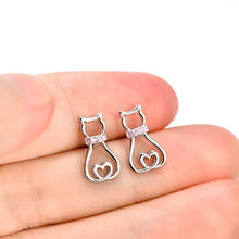 Carica l'immagine nel visualizzatore di Gallery, Gatto Orecchini in Argento Sterling 925 Blu Viola Zirconia Gattino con Cuore...