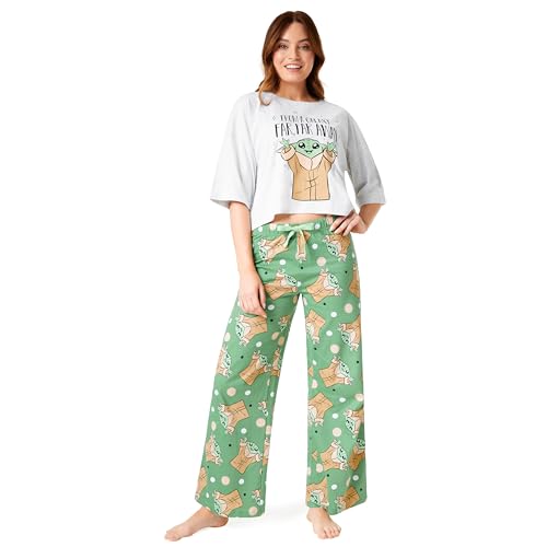 Disney Pigiama Donna - Pigiama Donna Cotone Lungo a Manica Corta S-XL Pigiami Due Pezzi - Regali Donna (Verde Baby Yoda, L)