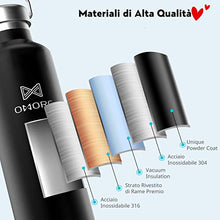 Carica l&#39;immagine nel visualizzatore di Gallery, OMORC Bottiglia Acqua in Acciaio Inox 1000ML/600ML,Borraccia 1000ML, Nero
