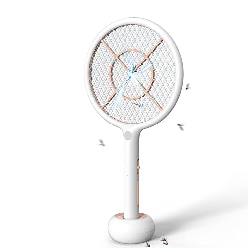 CONOPU Racchetta Zanzare Elettrica, 4000V Zanzare Elettrico, Base di ricarica wireless USB, Ricaricabile Batteria, Luce LED, 3 Strati Protezione Maglia, Antizanzare, Bianco