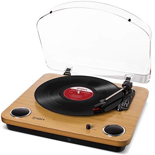 ION Audio Max LP - Giradischi Vinili a tre velocità con Casse, Legno Chiaro