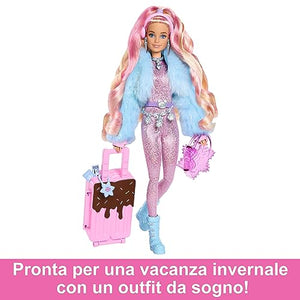 Barbie - Barbie Extra Fly, bambola viaggiatrice con look a tema neve, tuta rosa luccicante e cappotto alla moda, 15+ accessori per lo styling inclusi, giocattolo per bambini, 3+ anni, HPB16