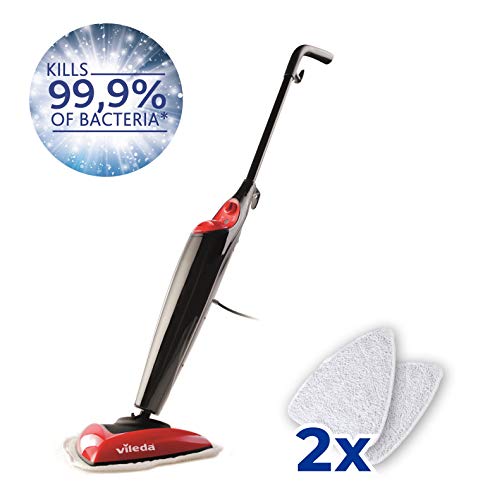 Vileda Steam Scopa a Vapore con 2 Panni in Microfibra, Filo di 6 m, per Pavimenti, per Parquet, per Tappeti, 1550 W, 0.4 Litri, Plastica, Nero/Rosso