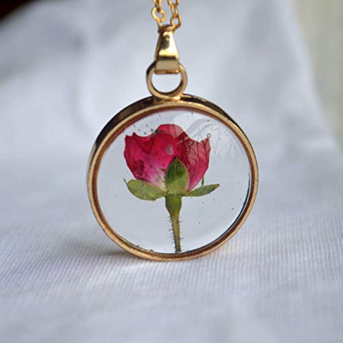 Rosso Rosa Vero Fiori Trasparente Bicchiere Pendente Catena Placcato Oro 18k... - Ilgrandebazar