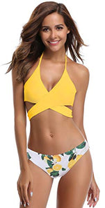 SHEKINI Costumi da Bagno Donne Due Pezzi Capestro Bendare Foglie di M, Giallo