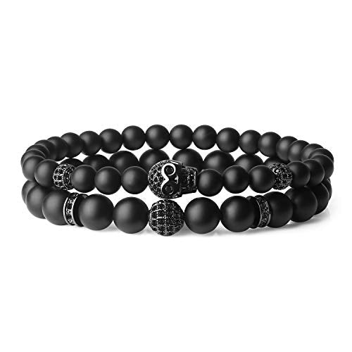 COAI Set Due Bracciali da Uomo in Onice Opaca e Amuleto Teschio, Bracciali...