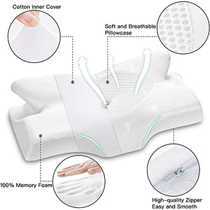 Elviros Cuscino in Memory Foam Ortopedico Cervicale per Dolore al Collo Cuscino Ergonomico per Dolore alla Spalla Cuscino di Sostegno del Collo, Bianco, 64 x 12,5/10,5 x 38 cm