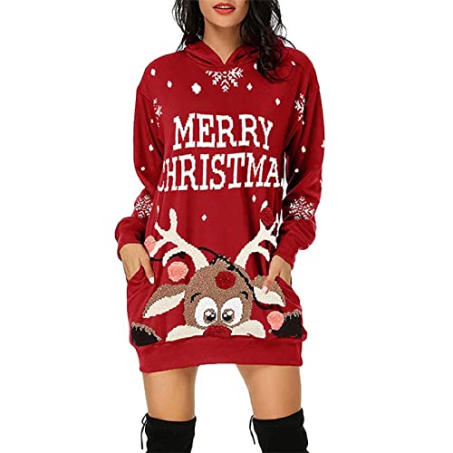 Jarseila Donna Maglione Natale da Famiglia Maglia con Cappuccio Lunghe Maglione Lavorato a Maglia Renna di Natale Morbido Maglione Invernale con Fiocco di Neve