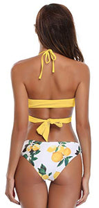 SHEKINI Costumi da Bagno Donne Due Pezzi Capestro Bendare Foglie di M, Giallo