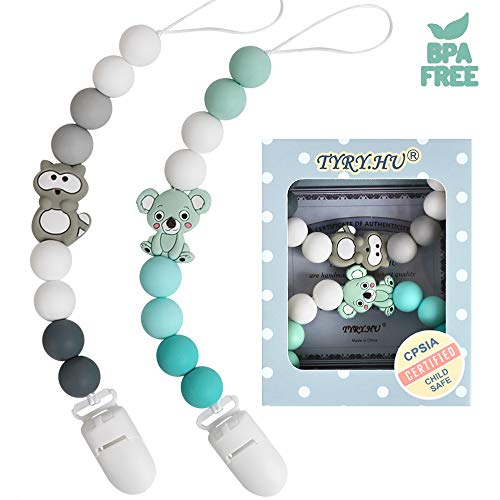 Catenella Portaciuccio Catena Bambino Ciuccio Clip Procione Grigio Verde - Ilgrandebazar
