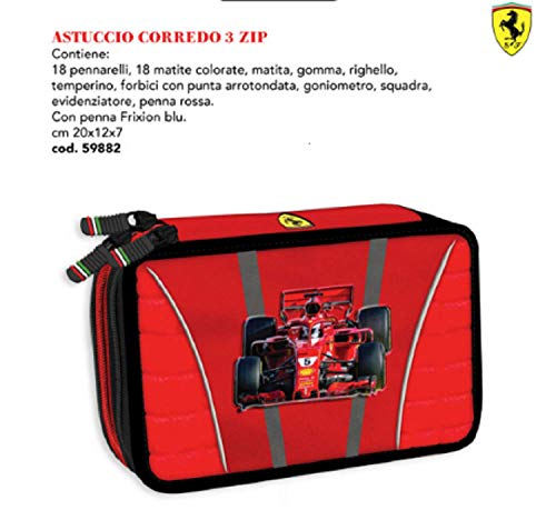 Astuccio scuola Ferrari 3 zip-scomparti originale, completo di cancelleria,...