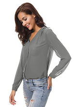 Carica l'immagine nel visualizzatore di Gallery, Urban GoCo Donne Camicette Manica Lunga Pieghe Chiffon con Scollo V S, Grigio - Ilgrandebazar