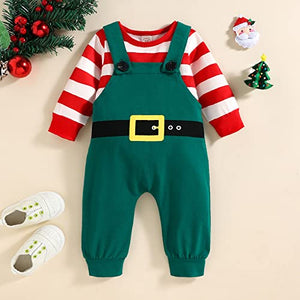 Geagodelia Tutina Neonato Natale Set di Tutine Natalizie per Neonati Tuta a Maniche Lunghe a Girocollo a Righe Pagliaccetto Bambino Senza Piedini Pigiama Baby Rosso (Verde, 0-3 Mesi)