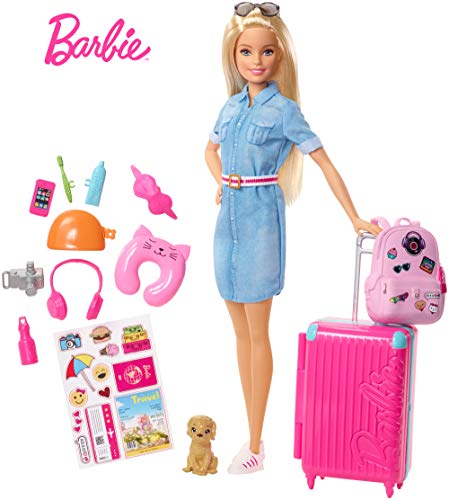 Barbie in Viaggio, Bambola Bionda con Cucciolo, Valigia che si Apre, Adesivi... - Ilgrandebazar