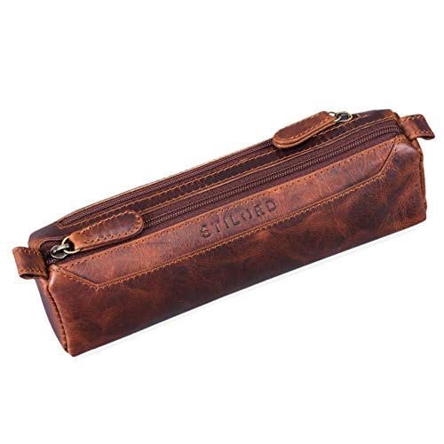 STILORD 'Jim' Astuccio portapenne in pelle con due cerniere Kara - Cognac