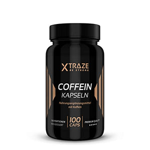 XTRAZE® Caffeina 200mg per Capsula Alto Dosaggio, 100 Capsule Caffeina Supplemento Pura in Polvere Bianca Anidra, Integratore Alimentare senza Additivi non Necessari, Qualità Tedesca