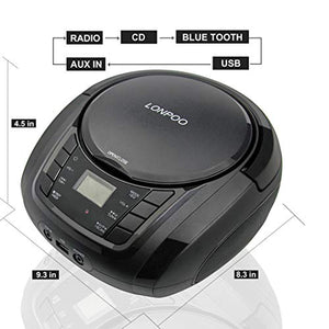LONPOO Radio Portatili Boombox, Lettore CD MP3 con USB, AUX Nero
