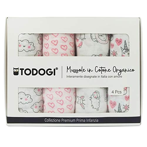 TODOGI Mussole Neonato 100% Cotone Biologico Certificato GOTS Set 4 Pink&grey