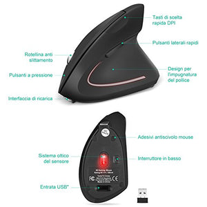 GHB Mouse Verticale Wireless Ergonomico Ricaricabile 6-Tasti Nero