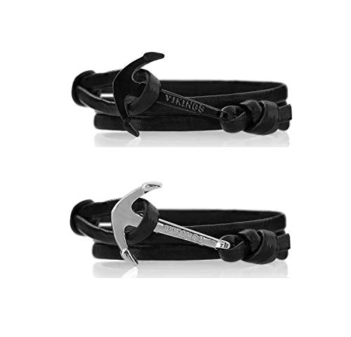 Vikings - Set di 2 bracciali in Pelle con Ancora e Cannonball Nero/Argento - Ilgrandebazar