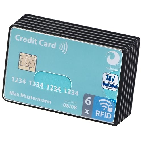 valonic Custodia RFID Blocker – 6 pezzi – Certificazione TÜV – Plastica – Trasparente – Custodia NFC – Custodia per carte di credito e carte di credito, trasparente, 6x Seiteneinschub, Porta carte di
