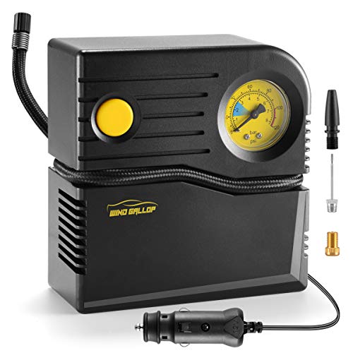 WindGallop Mini Compressore Portatile per Auto, 12V Professionale, Analogico, Pompa Aria con Manometro per Pneumatici e Adattatori per Valvole (Giallo)