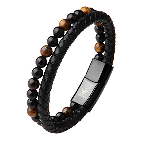 ess3vu' Bracciale Uomo Cuoio | Braccialetti in Pelle Pietre Nero (20.5cm) - Ilgrandebazar