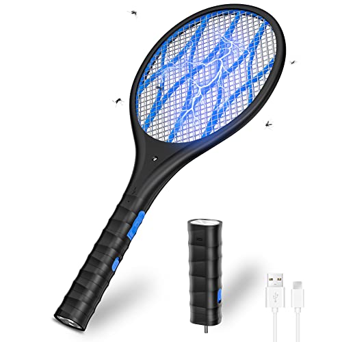 CONOPU Racchetta Zanzare Elettrica, 4000 Volt, 1200mAh USB Ricaricabile Antizanzare, Torcia Rimovibile, 3 Strati Protezione Maglia, Efficace Contro Le Mosche, Ideale per Interni ed Esterni, Nero