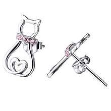 Carica l'immagine nel visualizzatore di Gallery, Gatto Orecchini in Argento Sterling 925 Blu Viola Zirconia Gattino con Cuore...