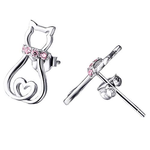 Gatto Orecchini in Argento Sterling 925 Blu Viola Zirconia Gattino con Cuore...