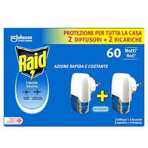 Raid Liquido Elettrico Antizanzare Comuni e Tigre, Inodore, Formato Convenienza, Confezione da 2 Diffusori e 2 Ricariche, 60 Notti