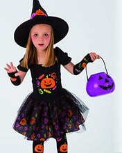 Carica l'immagine nel visualizzatore di Gallery, Rubies Costume da Strega Candy per bambina, Abito da strega con maniche, calze e cappello con disegni di zucca stampati, Originale di Rubies, Ideale per Halloween, carnevale e compleanni